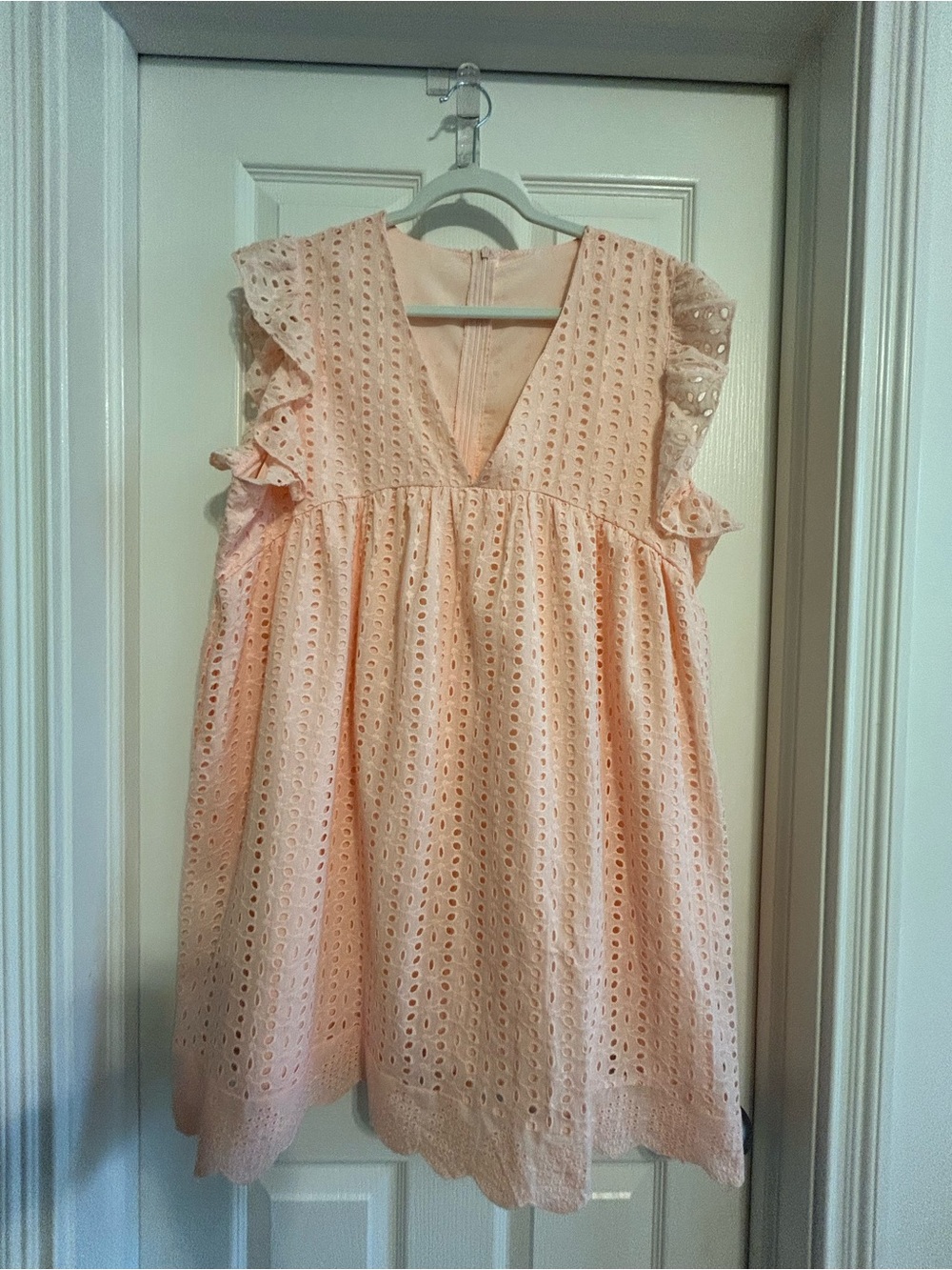 Womans Eyelet Flutter Sleeve Dress - Peach